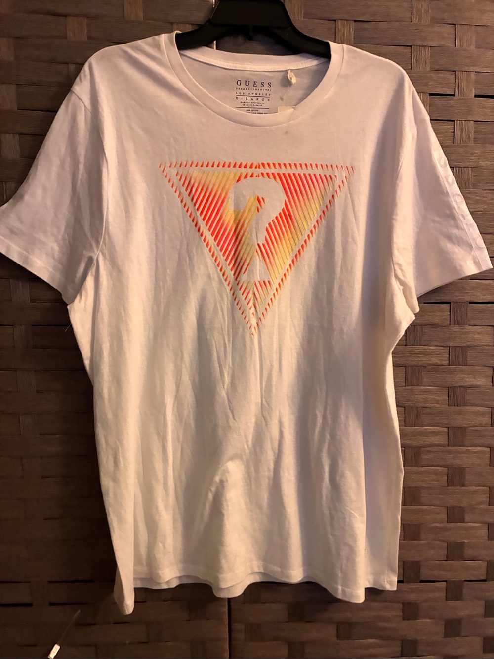 GUESS White Short-Sleeve Tee with Orange and Yellow Triangle Logo